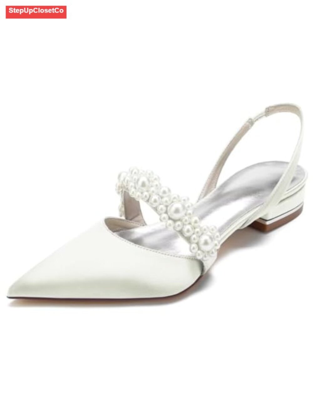Satin Pearls Pointed Toe Slingback Flat Wedding Shoes Bride